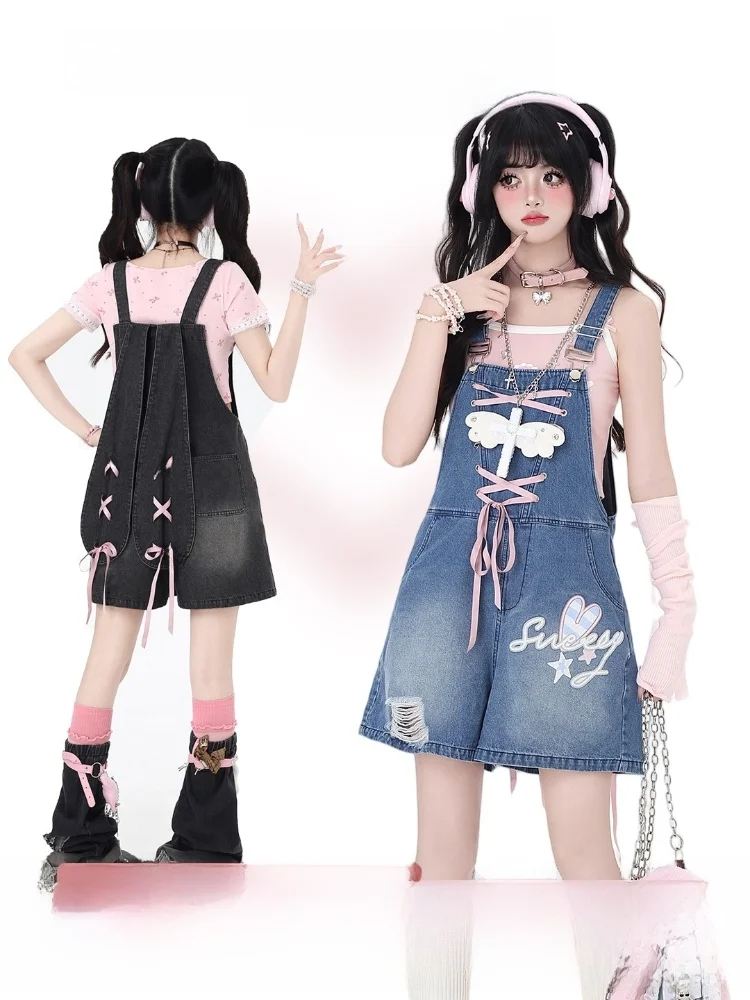 

Оригинальные джинсовые комбинезоны Crazygirl с вышивкой в виде милых кроличьих ушек и бантом, весна-лето, женская мода