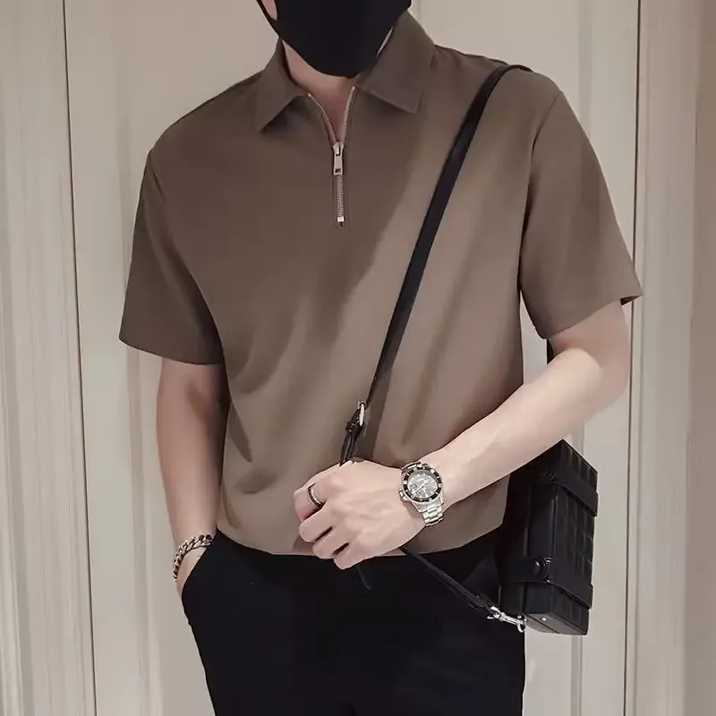 Men Polo Shirts T-shirt Lapel Short Sleeve Half Zipper Korea New Menswear Tops Solid Color Business