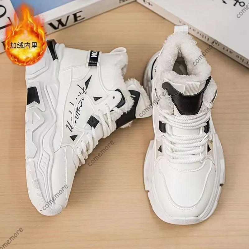 Men Winter High Top Sneakers Fleece Lined Warm Platform Chunky Shoes Lace‑Up Ankle Boots Male Non‑Slip Thick Sole Cold Weather