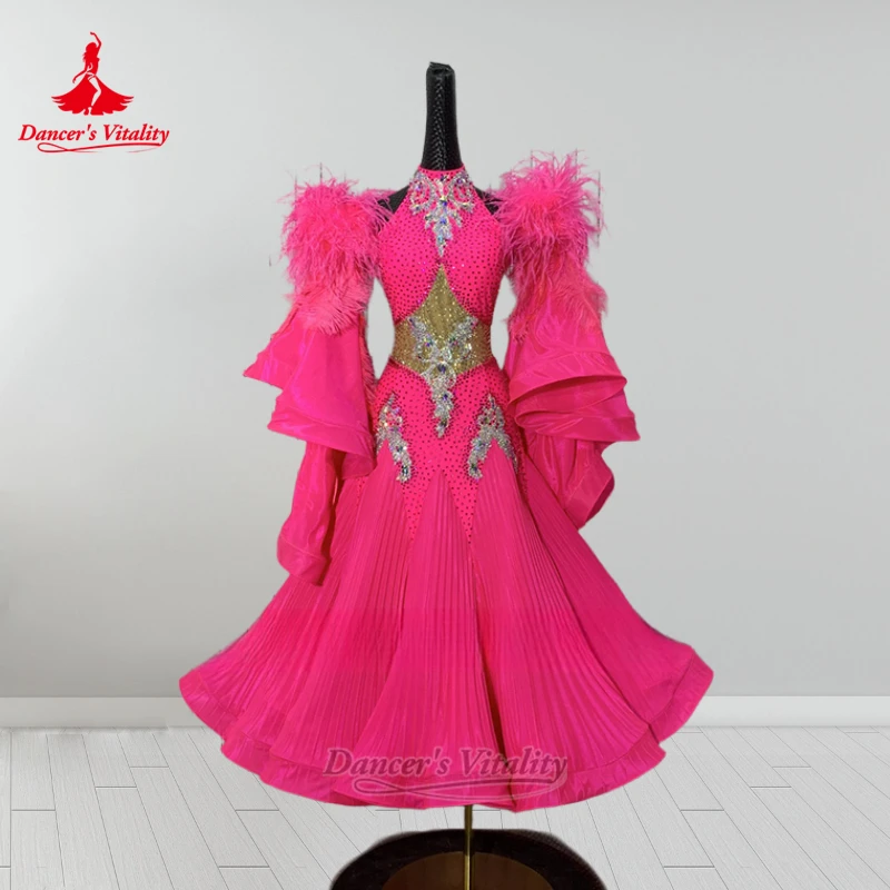 

Dancer's Vitality для взрослых и подростков, розовый цвет, для социальных танцев, плиссированные большие свободные платья с высоким воротом, вальс, одежда для выступлений на заказ