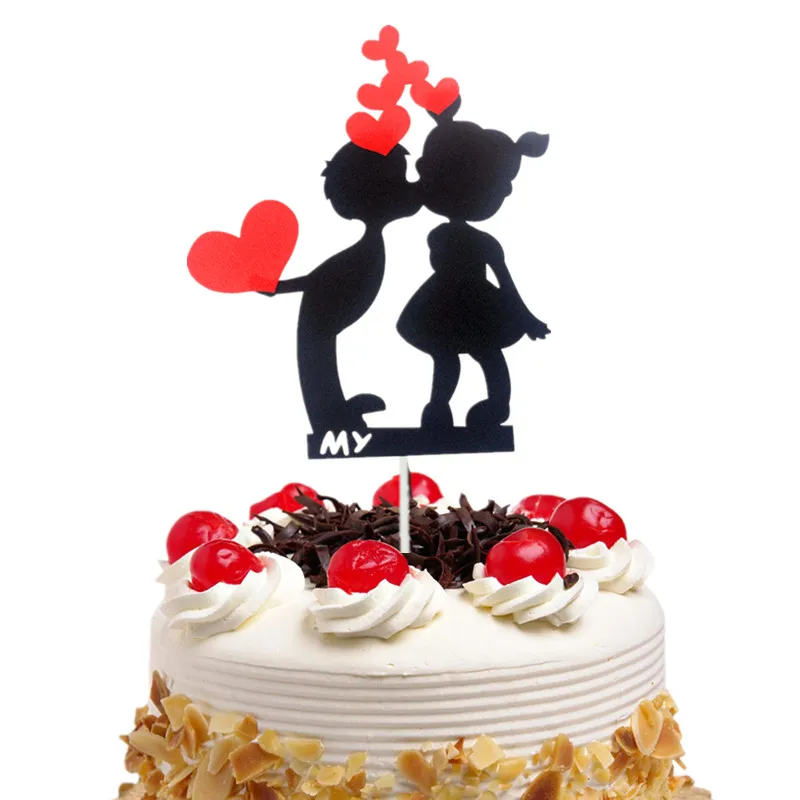 케이크 토퍼 레드 하트 플래그, DIY 생일 웨딩 발렌타인 데이 기념일 장식, 파티 컵케이크 베이킹 장식, 블랙