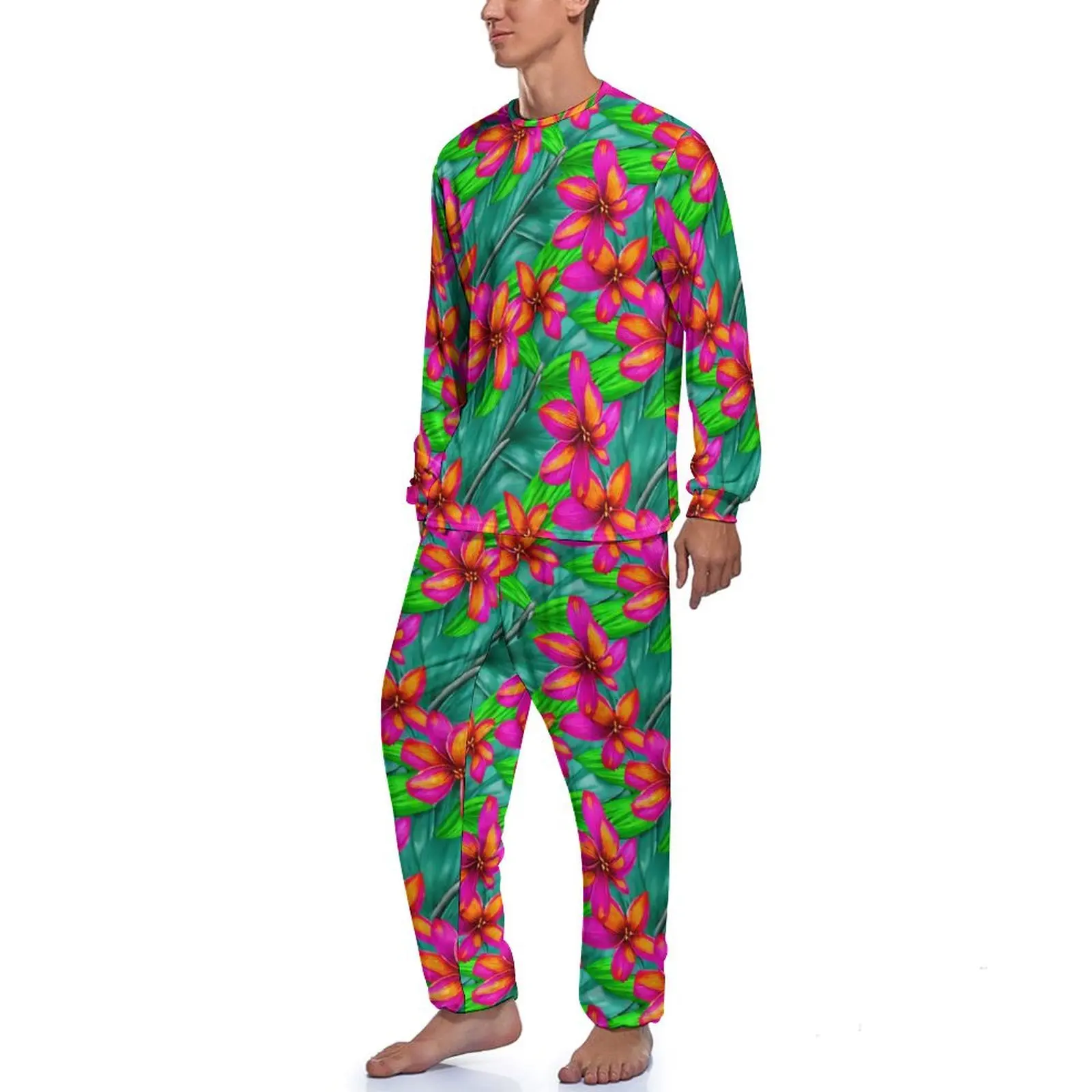 Tropical Paradise Pajamas Men Floral Print Cute Sleepwear Spring Long-Sleeve 2 Piece Casual Custom Pajama Sets