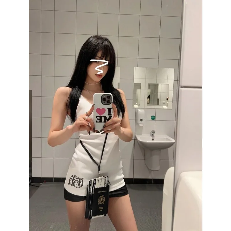 

Summer new white subculture pattern printed vest American vintage Harajuku style y2k sleeveless T-shirts women's slim-fit tops