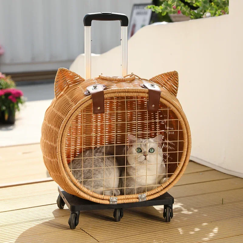 Trolley Cat Bag Going Out Portable Rattan Cat Stroller Breathable Case Going Out Shopping Supplies Pet Stroller Pet Products