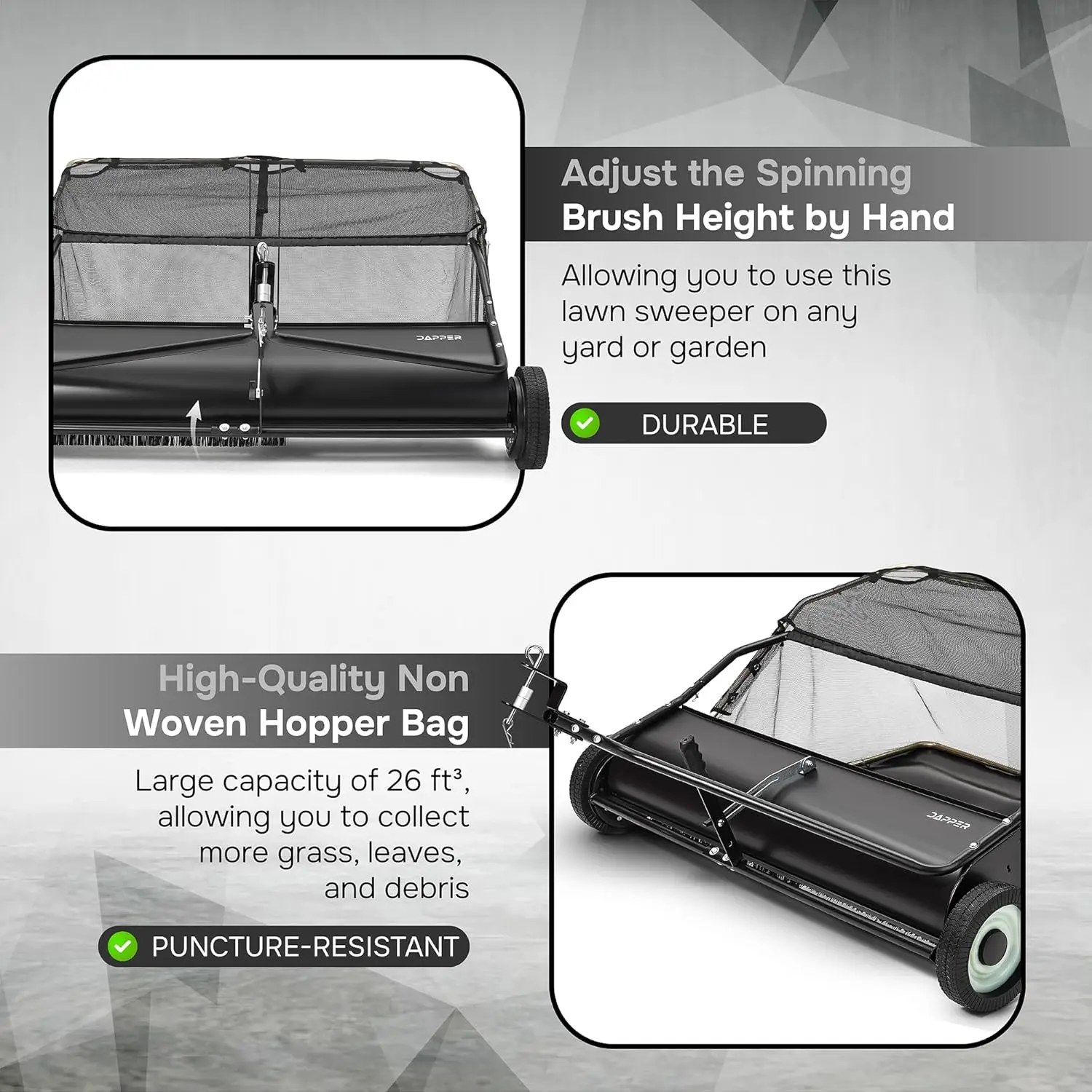 سحب مكنسة العشب الخلفي، 26 قدم مكعب. مكنسة عشب كبيرة الحجم خلفها، مجمع أوراق الشجر شديد التحمل مع حبل قلاب #6