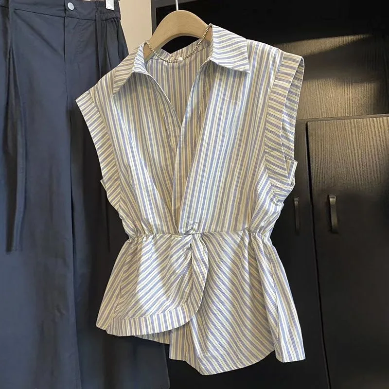 

Летняя женская блузка без рукавов 2026 года с завязками на талии, в полоску, с лоскутным узором, в повседневном стиле, свободного кроя, из дышащего полиэстера