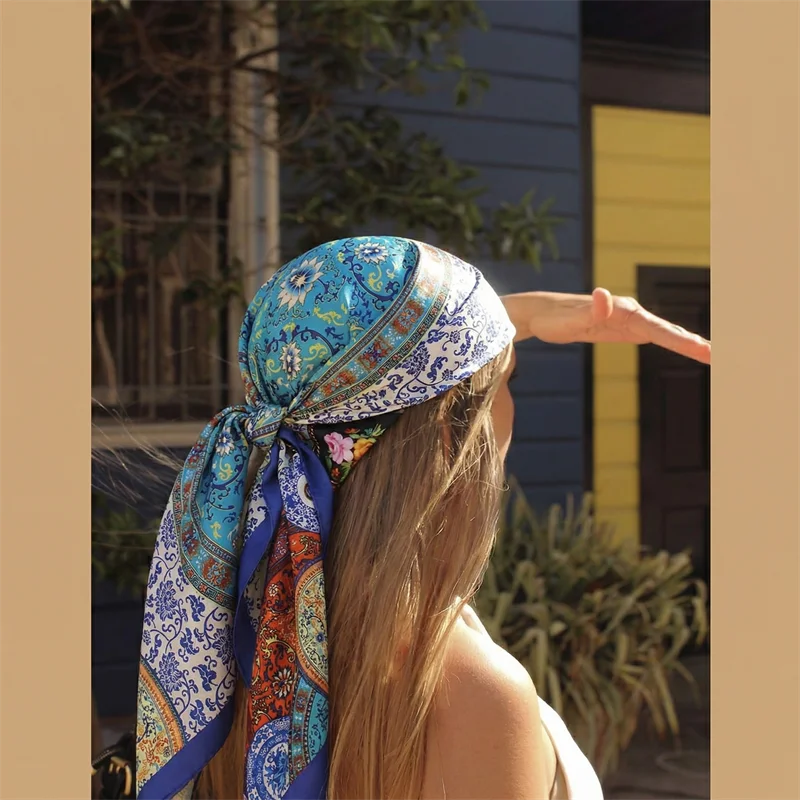 Women Spring Summer Square Scarf 90*90cm Satin Silk Scarves Headscarf Female Foulard Beach Bandana Ladies Neckerchief Hair band image 4
