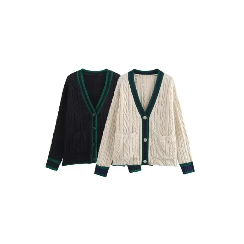 Loose Knit Women's Cardigan Sweater, Front Patch Pockets, Long Sleeve, V Neck, Female Outerwear, Chic Tops, Fashion