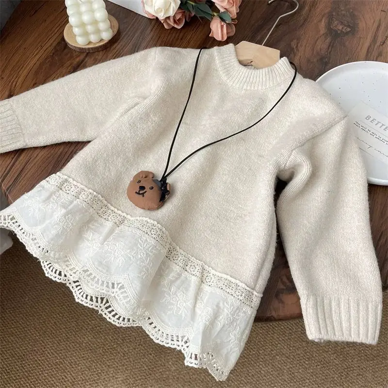 الخريف الشتاء الفتيات محبوك سترة لون نقي طويلة الأكمام قمم جولة الرقبة البلوز ملابس الأطفال مريحة نمط الحلو #2