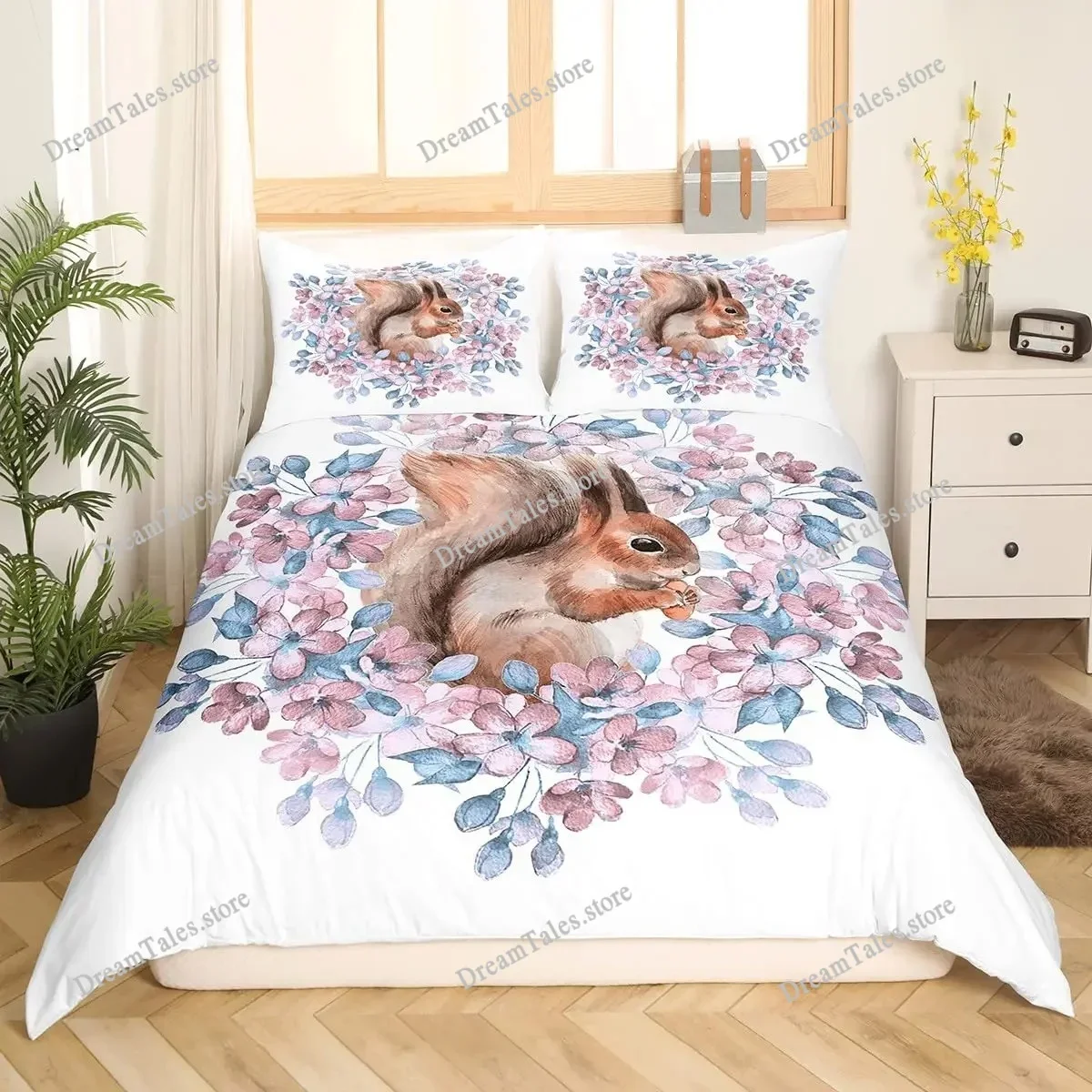 Cute Squirrel Duvet Cover Twin Woodland Animal Comforter Cover Retro Watercolor Flower Bedding Set for Girls Kids Women,Wildlife