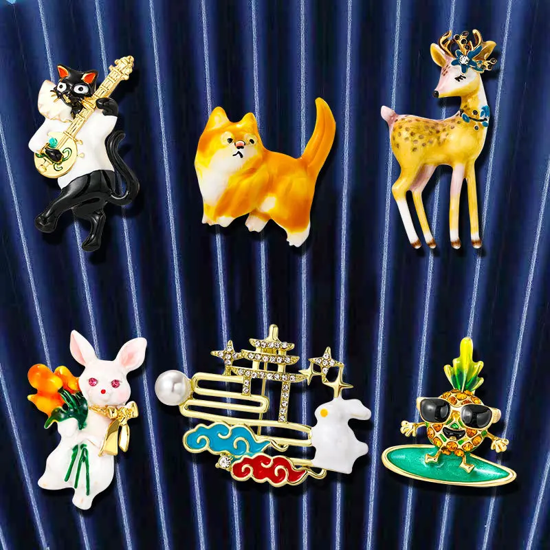 Multicolor Painted Drip Oil Cat Deer Bunny Animal Brooch  Corgi Animal Pins Cartoon Cute Badges Party Office Pin Festivel Gifts