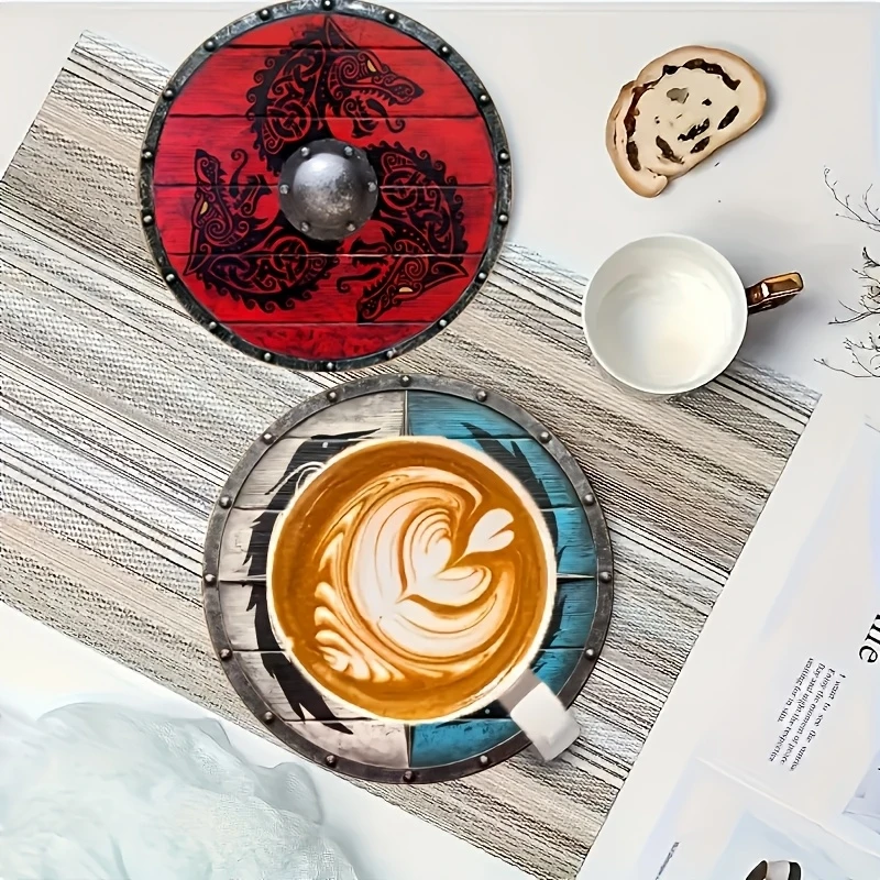 2D Flat, 6 Pcs Wooden Coasters Viking Warrior Shield Pattern Theme Desktop Heat Mats Home Decor Coffee Mug Coasters For Office - view 3