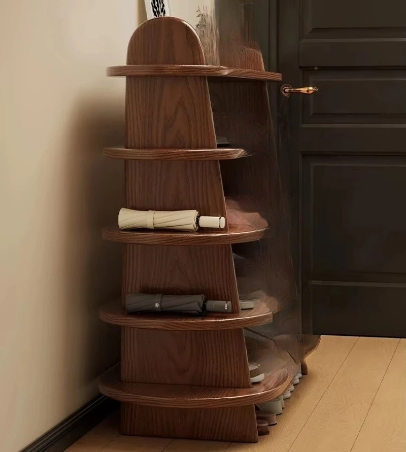 Rubber wood single layer modern design freestanding shoe rack natural texture suitable for living room