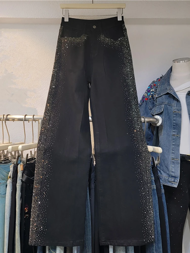 DEAT Jeans da donna a vita alta lato nero stampa a caldo strass pantaloni larghi dritti a gamba larga in denim 2025 primavera nuova moda