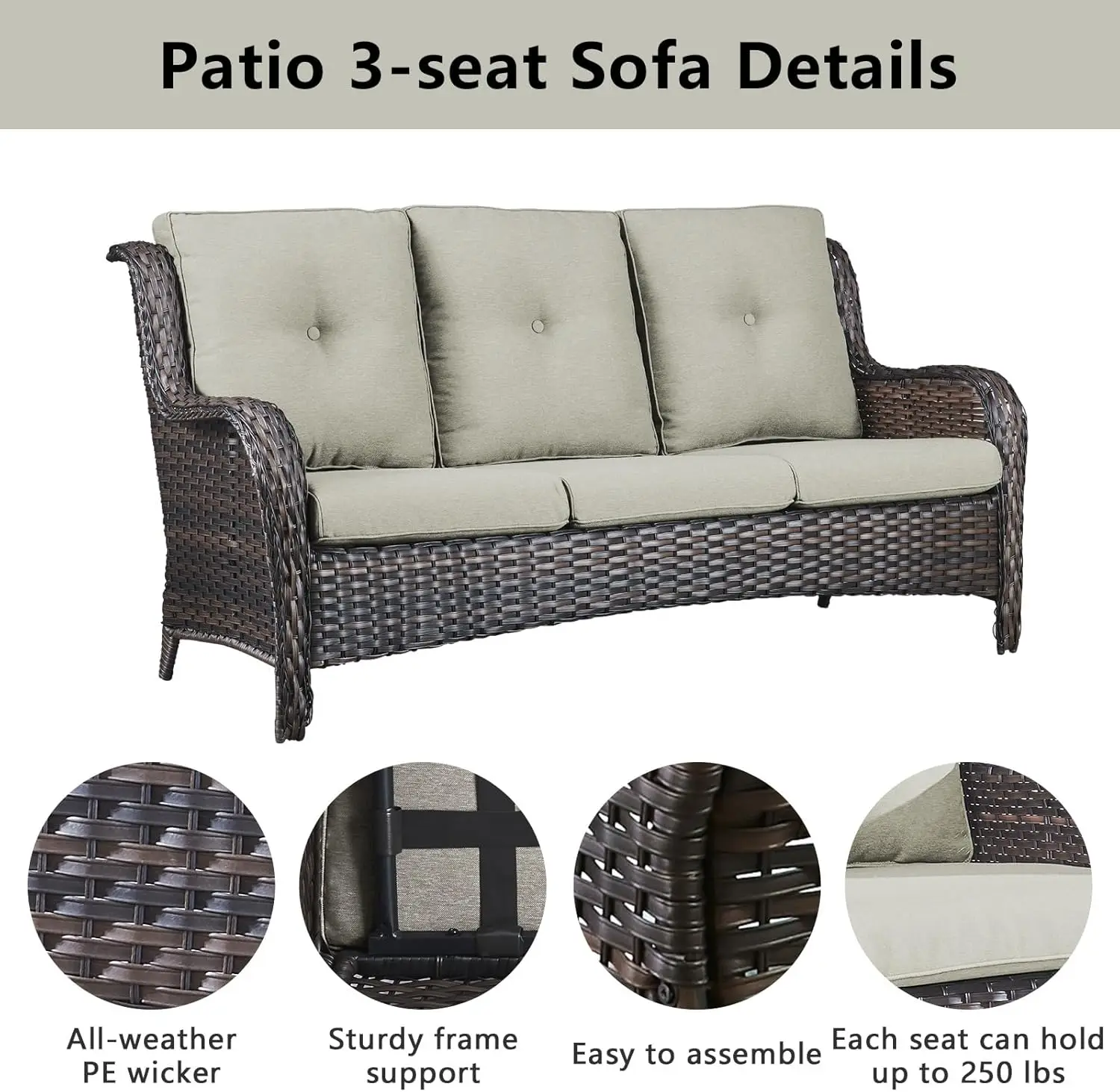 Wicker Patio Furniture Set - 6 Piece Patio Set with Swivel Rocker Chairs, Rattan Sofa, Ottomans and Coffee Table, Beige Cushion