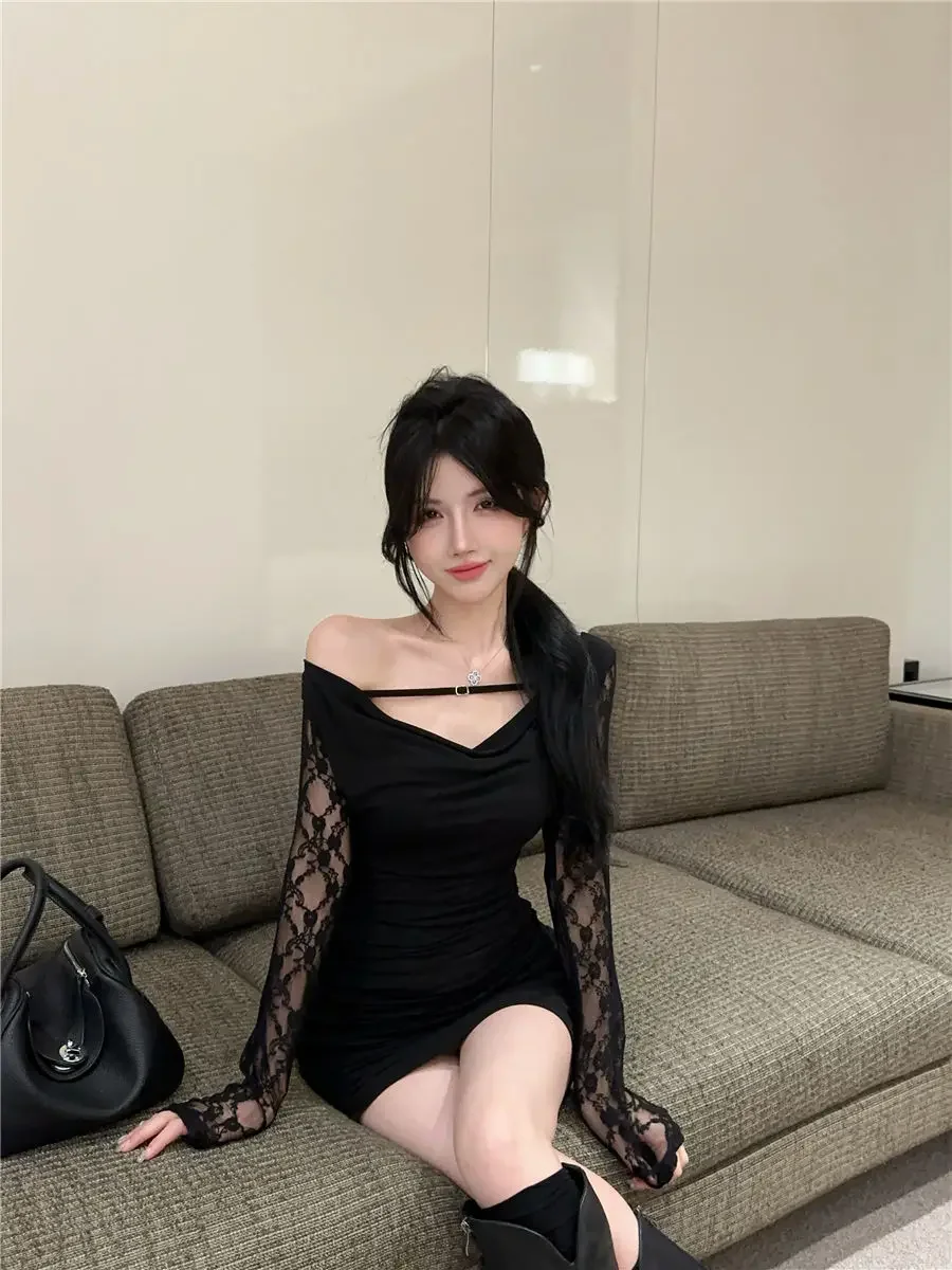 Seksowna sukienka Hotsweet koronkowy patchwork kołnierzyk z kołnierzykiem Off ramię Mini sukienki damskie czarne Bodycon Vestidos Femme