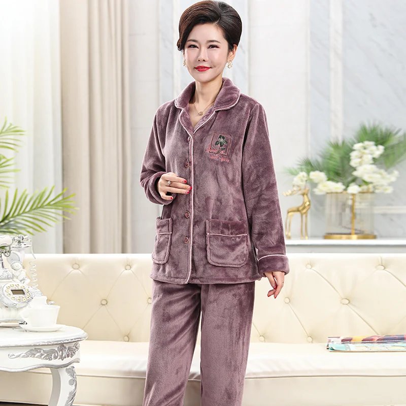 

Flannel women's pajamas keep warm cardigan lapel female home wear soft and comfortable coral velvet pijamas mujer for winter