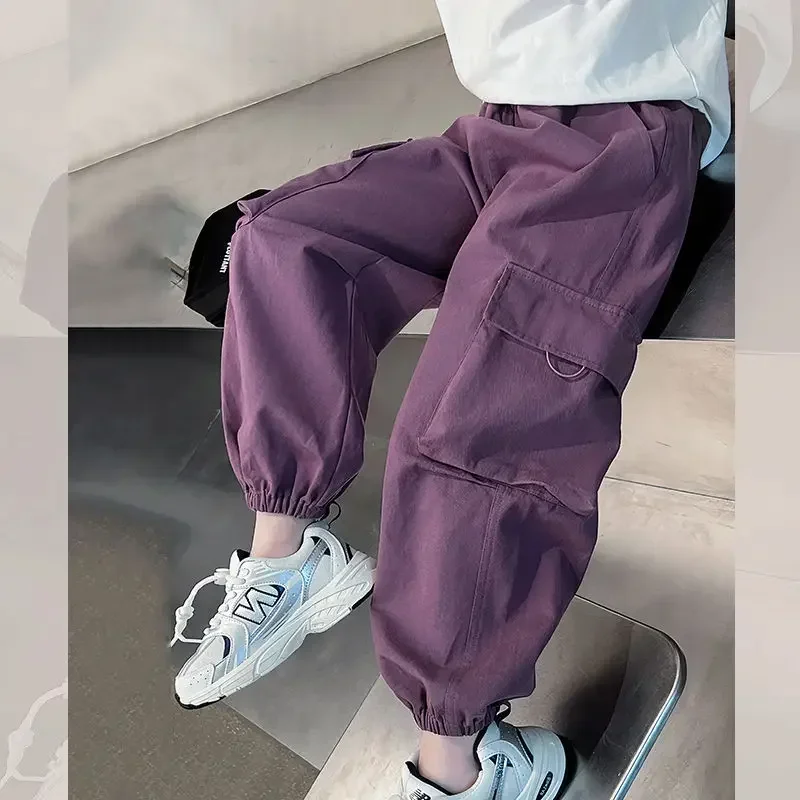 

Girls Purple Casual Pants Big Children's Clothing Korean Black Cargo Long Pants Girls 2025 Spring Fashion New Cotton Trousers