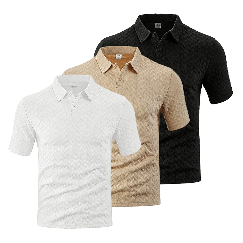 Men Textured Jacquard Polo Shirt Short Sleeve Loose Fit Versatile Daily Street Vacation Leisure Summer Casual Tops