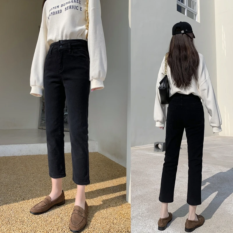 

Comfortable Fce Lined Bla Stretchy Slim Fit Jeans High Waist Straight Leg Jeans Casual Cotton High Elastici Small Size