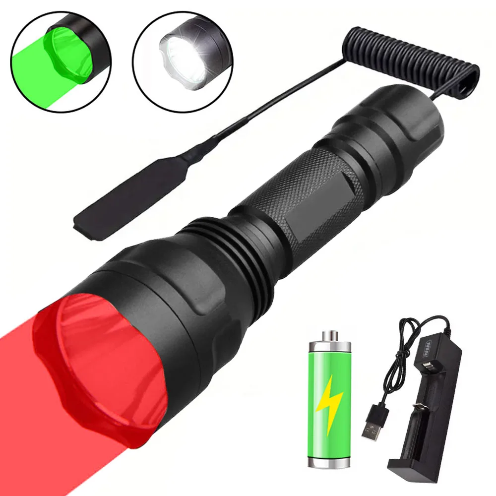 Linterna táctica LED para caza, iluminación exterior impermeable con cargador, interruptor y lámpara recargable 18650, color rojo, verde y blanco