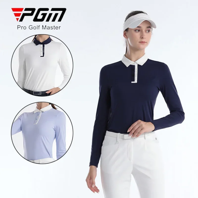 PGM Women Golf Shirt Ladies Turn Down Collar Sports Tops Women Slim Patchwork T-Shirts Autumn Full Sleeve Casual Golf Clothing