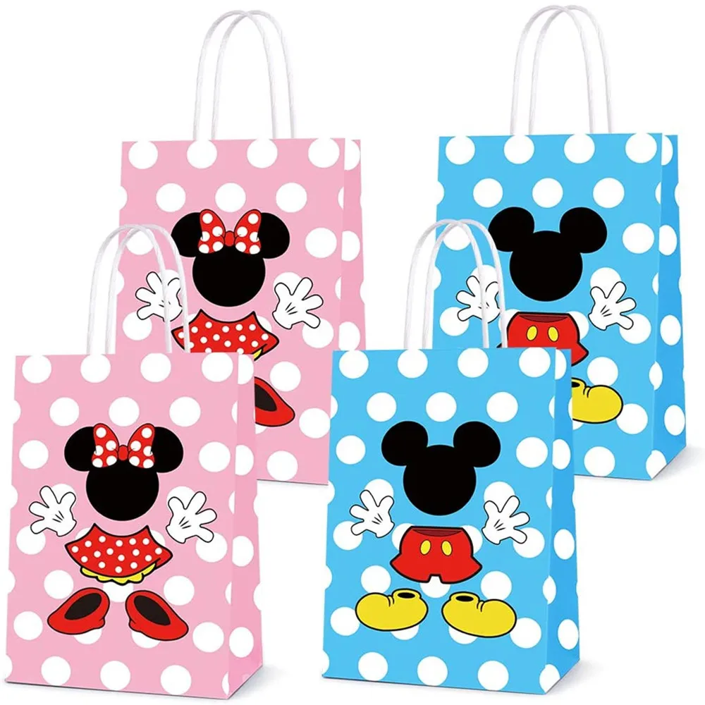 12pcs Mickey Minnie Mouse Birthday Party Decorations Handle Gift Bags Set Paper Candy Bags Baby Shower Boys Girls Party Supplies