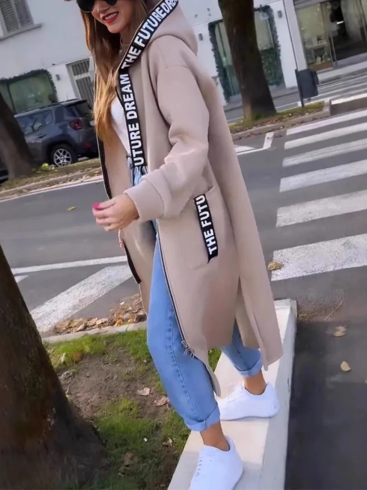 2024 herbst/Winter Mode Neue frauen Elegante Lose Warme Mantel Spleißen Casual Pendeln Stil Mit Kapuze Strickjacke Zipper Hoodie