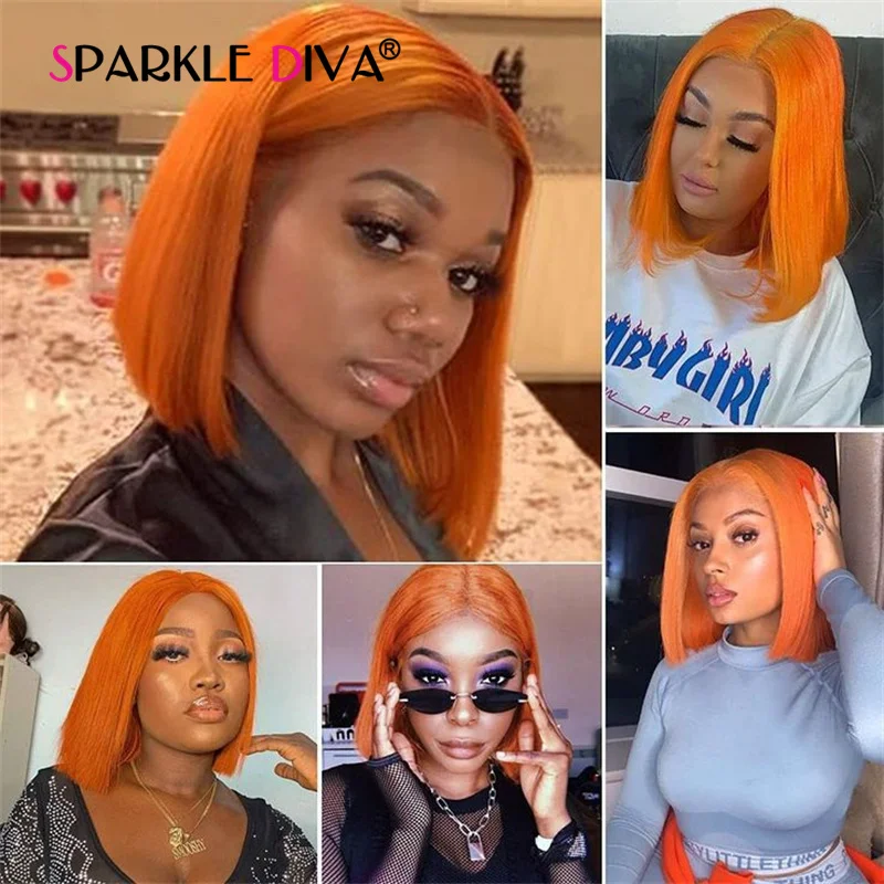 Peluca de cabello humano con encaje Frontal, pelo corto Bob, naranja, jengibre, 12A, 180% de densidad, 13x4, HD, transparente, a la venta