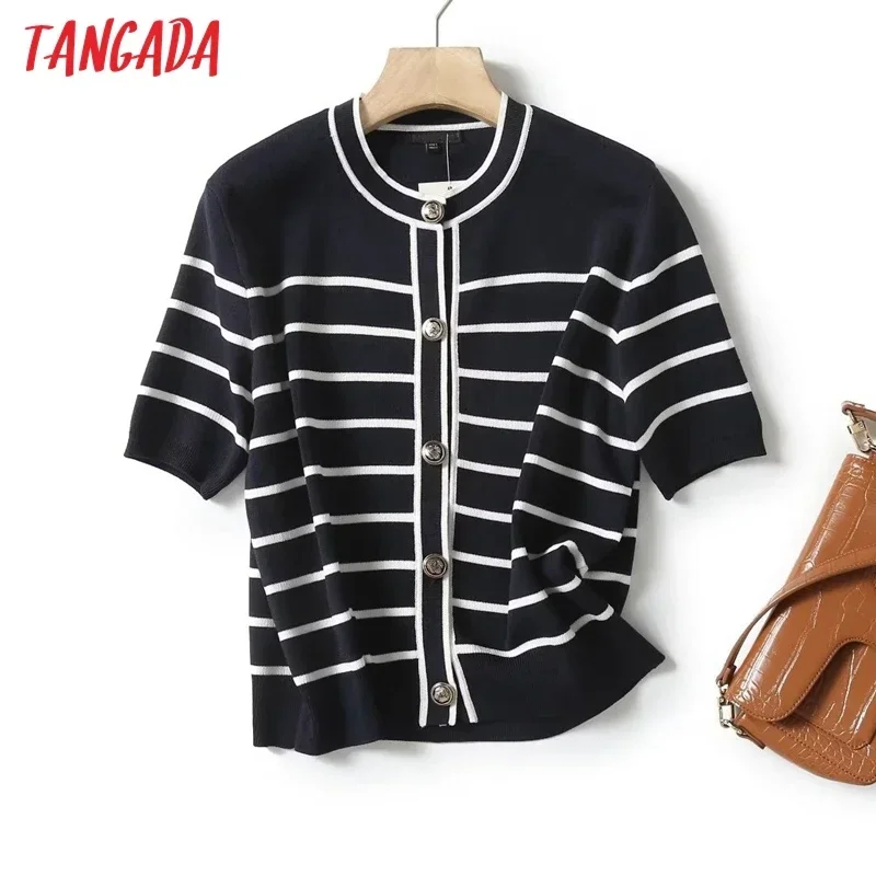 Tangada 2024 Women Striped Crop Knit Cardigan Sweaters Short Sleeve Female Outerwear 4C413