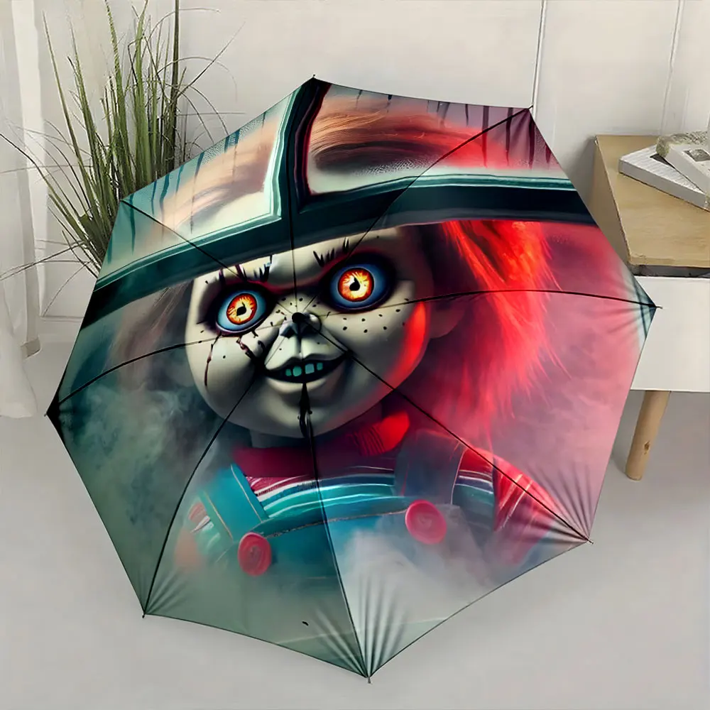 1PC Spooky Doll Design Umbrella for Unique Rainy Days Print 8 Iron Ribs Folding Umbrella Auto-Open Fashion Sunshade