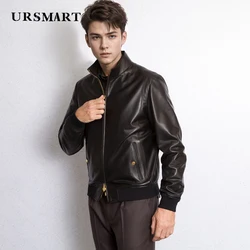 High quality classic calfskin men's jacket British fashion black standing collar genuine leather short jacket for men