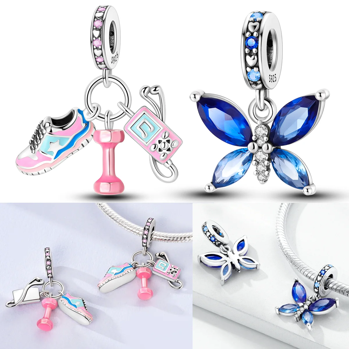 

925 Sterling Silver Running Shoes Charms Bead CZ Zircon Sparkling Blue Butterfly Dangle Fit Original Bracelet DIY Women Jewelry
