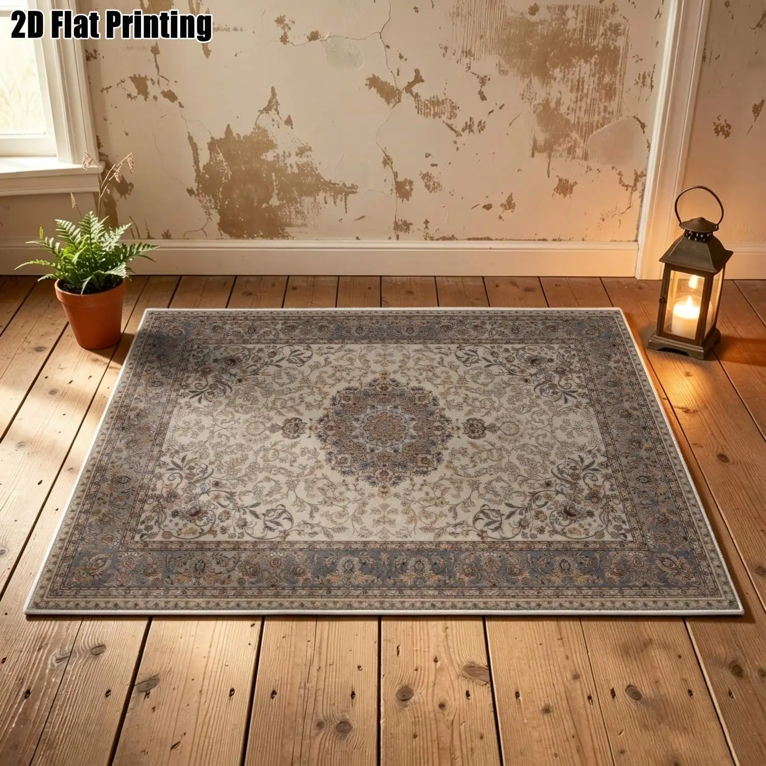 1Pc 2D Printed Beige Floral Velvet Carpet: European Retro Bohemian Geometric Striped Rug for Home Decor, Machine Washable, Multi-Size, Multi-Scene Use