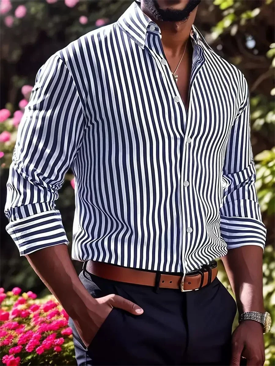 Men's Large Size 6XL Lapel Button Dress Shirt Striped Shirt Wedding Black White Red Business Long Sleeve Comfortable Fabric