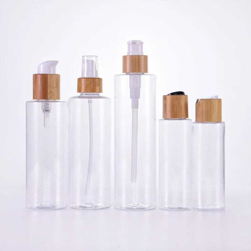 

Hot Sales 120/150/300ml Clear PET Plastic Skin Care Toner Face Water Spray Emulsion Drop Bottles with Various Bamboo Wood Lids