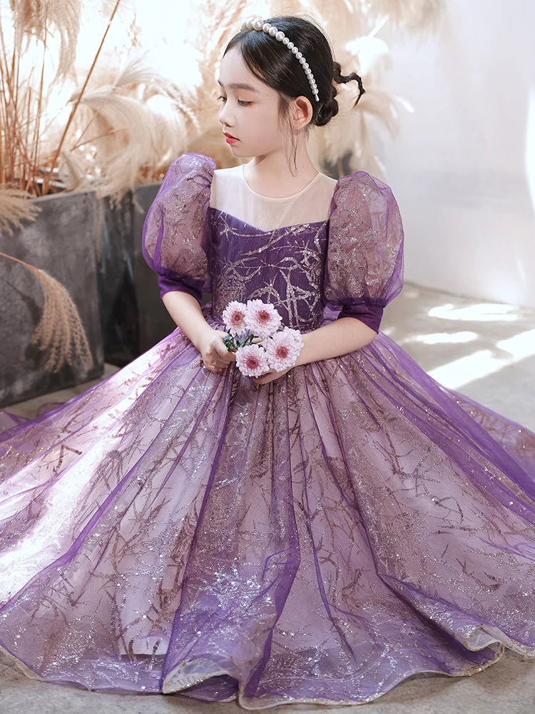 Children\'s dress for girls Wedding Flower girl Purple Sequin Beaded beauty pageant Long dress birthday party wedding ball gown