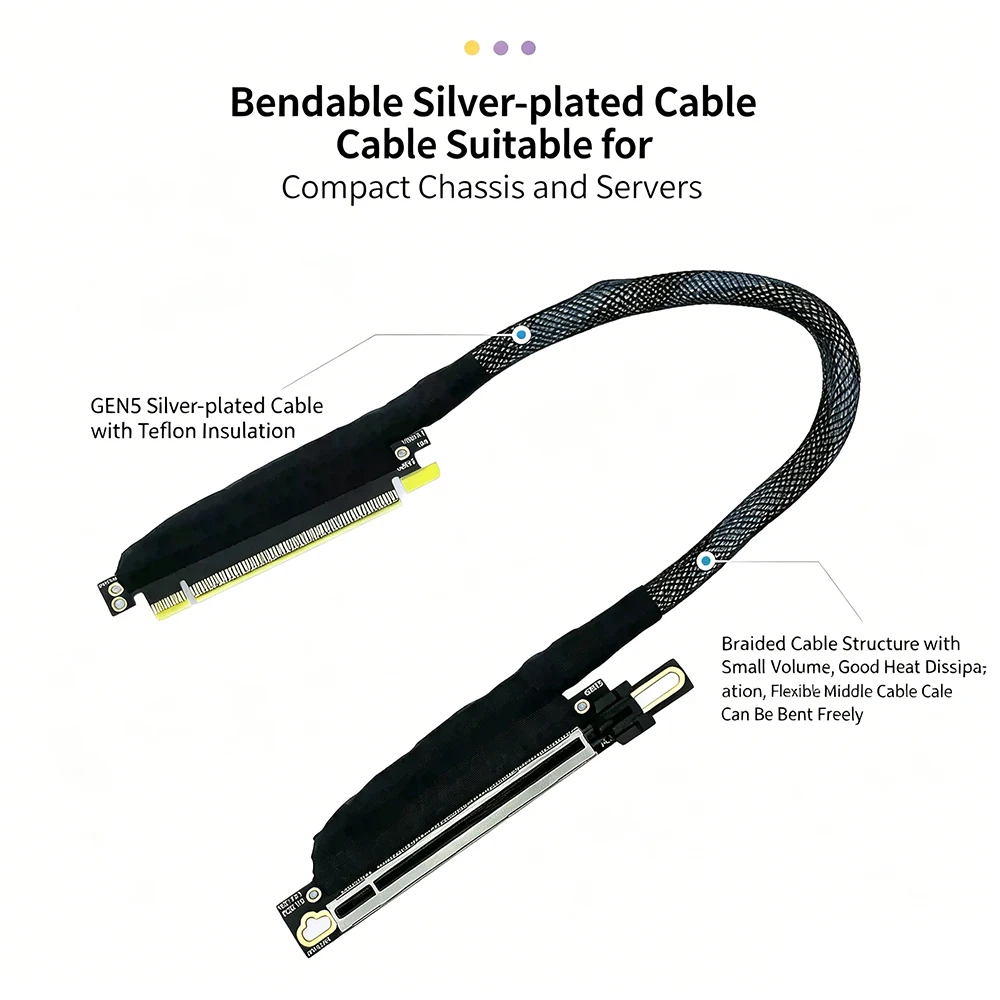 PCIe 5.0 X16 Riser Cable Gen5 90 180 270 Degree Silver Plated Braided Wire High Speed GPU Extension Cord for Server Gaming PC