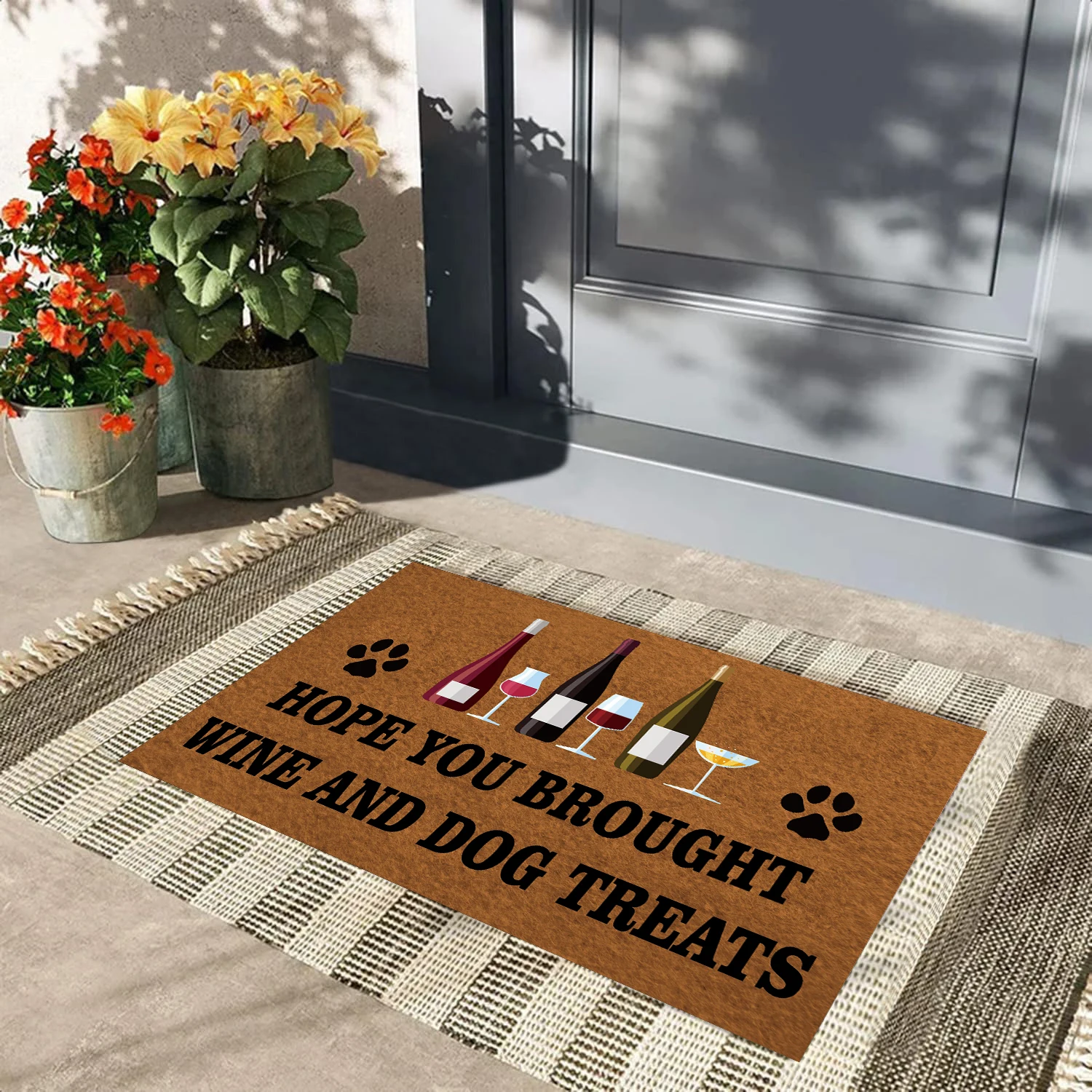 Funny Door Mat Rubber,Entrance Floor Mat,Hope You Brought Wine and Dog Treats,Non-Slip Doormat Welcome Mat