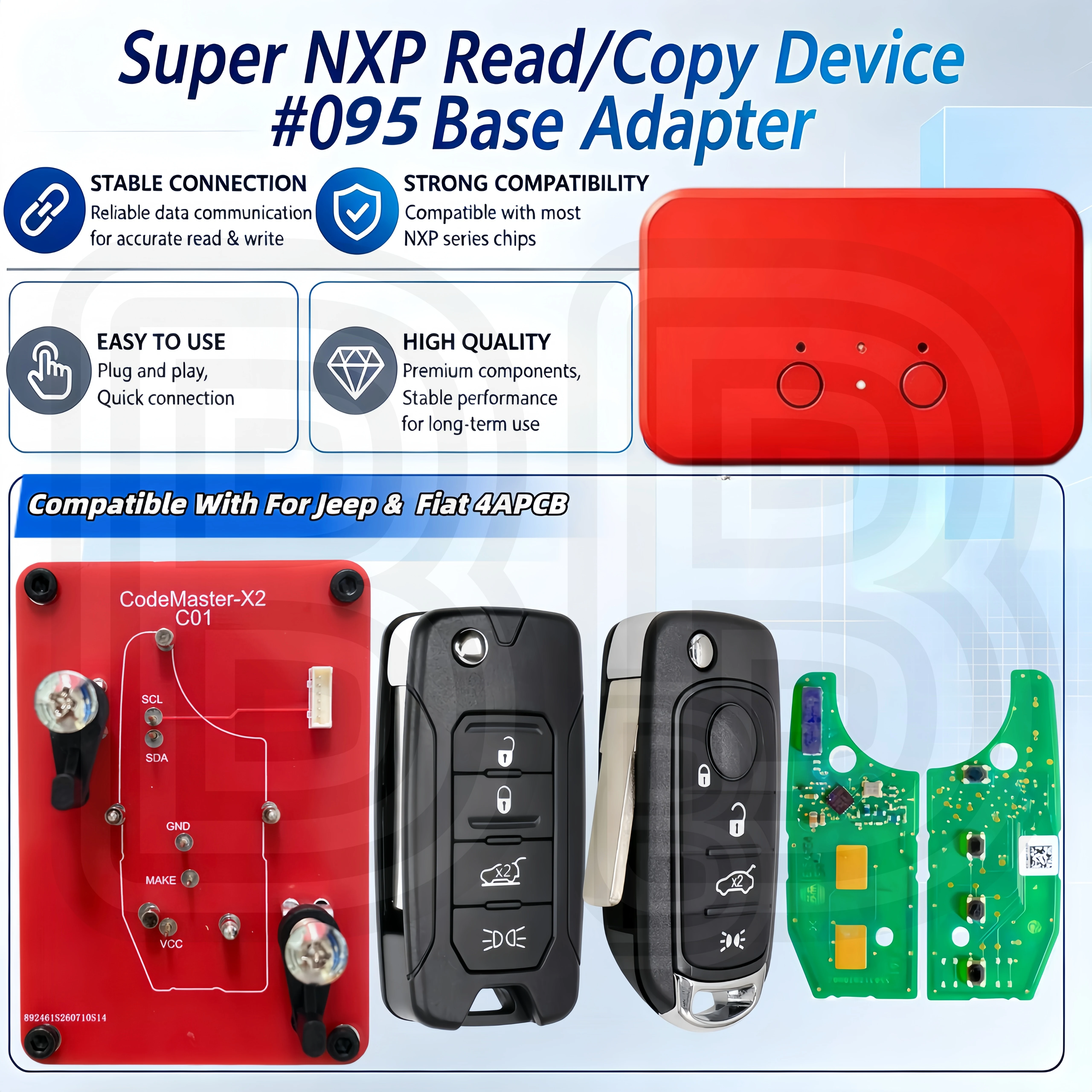 MCKB095 adapter is suitable for Jeep & Fiat smart remote key PCB reading and writing, compatible with NXP Killer KD Xhorse..