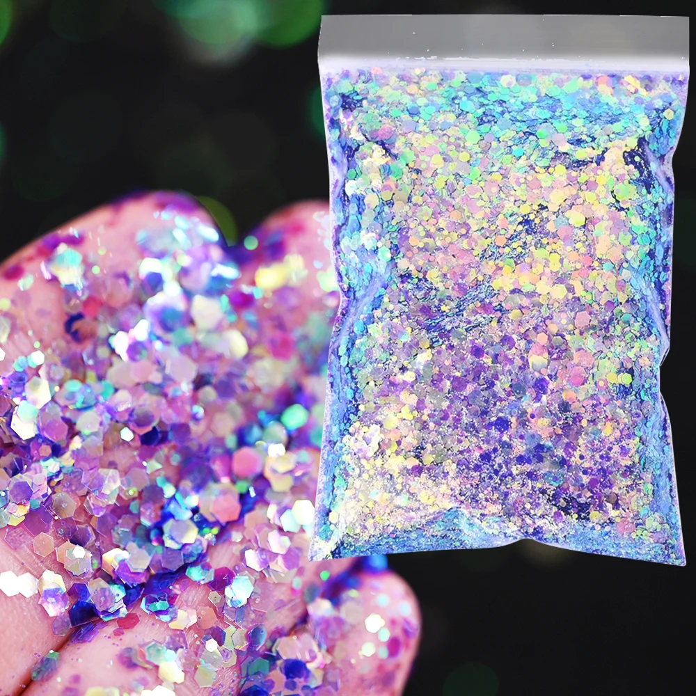 50g/bag Mixed Hexagon Sequins & Fine Glitter Powder Holographic Chunky Hex Flakes Thin Glitter DIY Nail Art Eye Makeup Glitter