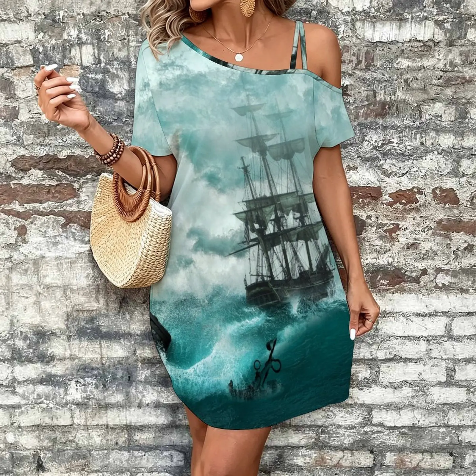 Storm Sea Ship Shipwreck Ocean Blue Women's Slanted Shoulder Single Strap Short-Sleeved Dress