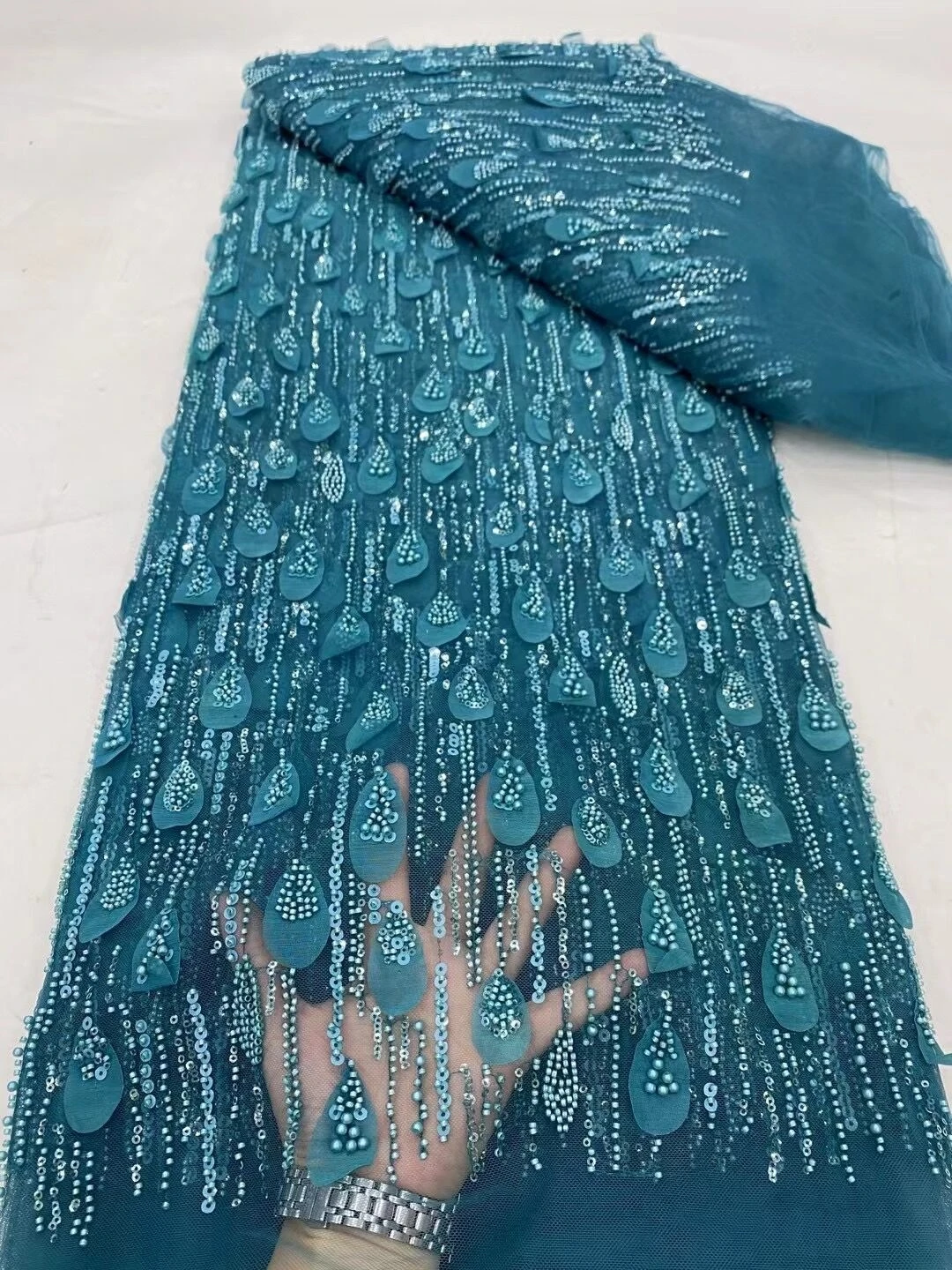 Nigerian Sequins Embroidery Tulle Lace Fabric, Sewing Net Cloth, Beads Stone Prom Dresses, High Quality, 5Yards, 2024 DP0189