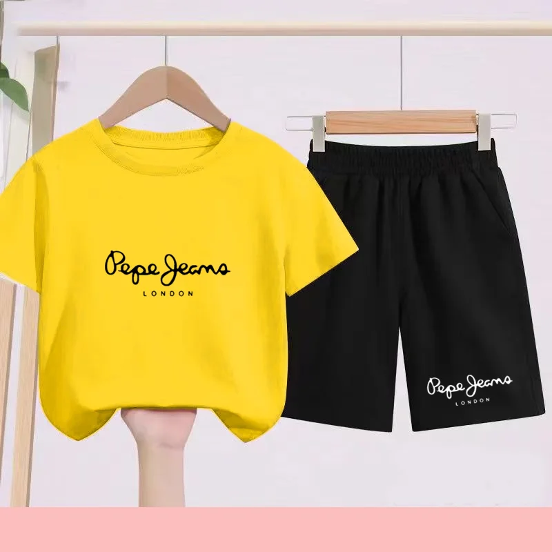 Children's Sportswear Set - White T-shirt + Shorts - Personalized Letter T-shirt Suitable for Boys and Girls Aged 3 to 13