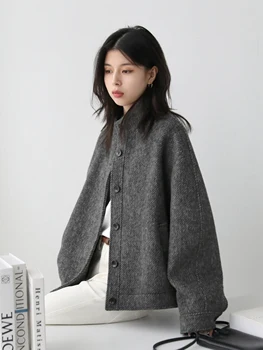 CHIC VEN Women Short Woolen Coat New Stand Up Twill Texture Single Breasted Ladies Jacket Retro Woman Outwear Autumn Winter 2025 2
