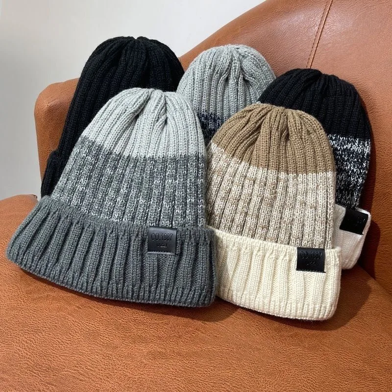 New Unisex Color BlocK Winter Hats Add Fur Lined Men And Women Keep Warm Beanie Cap Outdoor Streetwear Decor Winter Knitted Hats