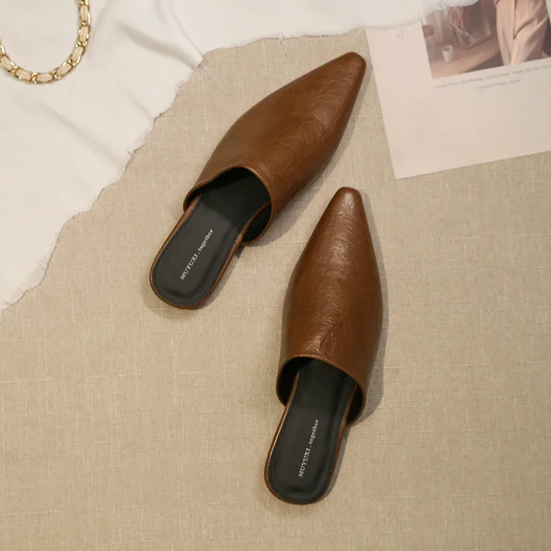 

Pointed Toe Half Slippers Women's Shoes 2025 New Spring Retro Foot Exposing British Sle Small Leather Shoes Outdoor Wear He...