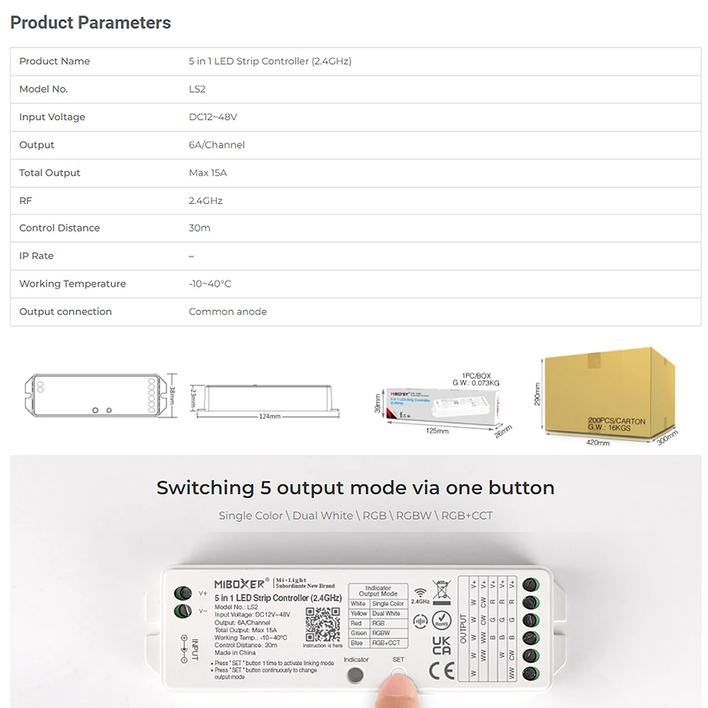 MiBoxer LS2 DC12V-48V 2.4GHz RF 5in1 Smart LED Brightness adjustable Controller for Single Color/ CCT/RGB/RGBW/RGB+CCT LED Strip
