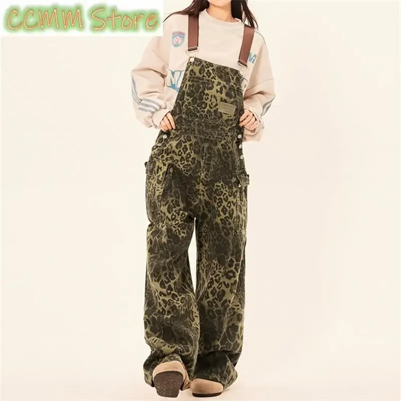 Women's Leopard Print Pattern Vintage Suspender Jumpsuit Wide Leg Pants Streetwear Rompers Female Retro Casual Straight Trouser