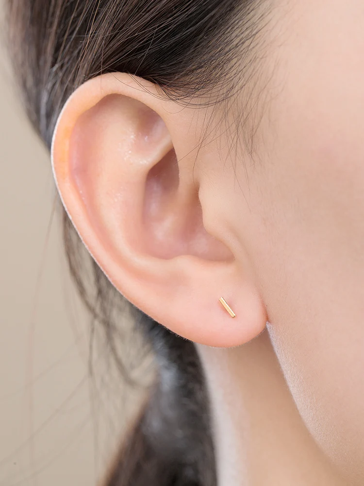 14K Gold Bar หูสตั๊ดหญิง Au585อารมณ์ที่เรียบง่าย Strip ต่างหู Anti-Allergy Ear-Piercing ต่างหู